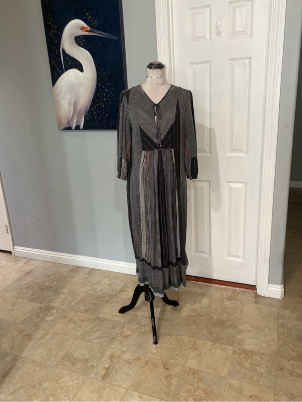 Vintage-Inspired Black and Gray Striped Midi Dress Women Large